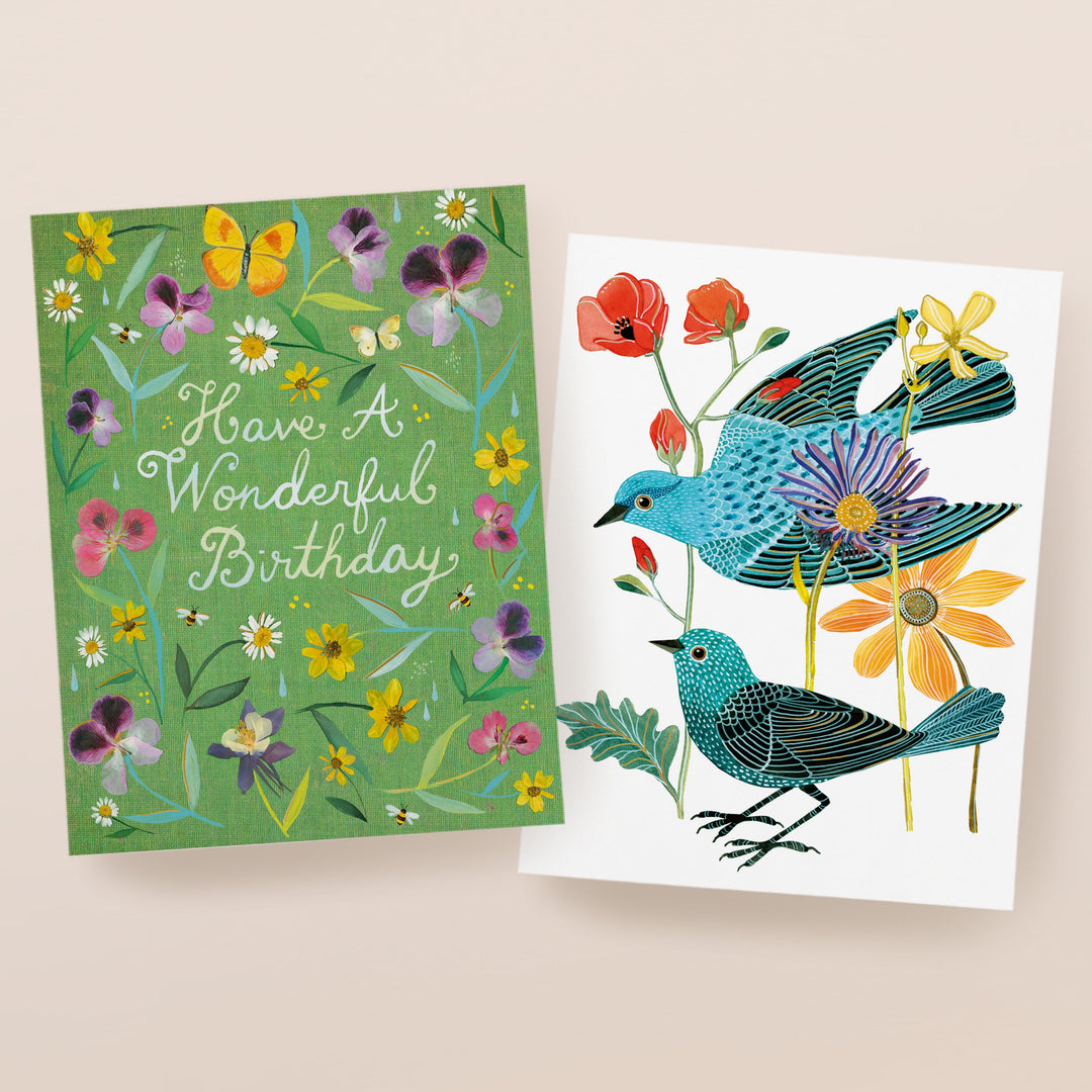 A collage of six colorful illustrated greeting cards featuring books, a tiger with balloons, boots with flowers, a bird, a goose with presents, and the Eiffel Tower surrounded by trees.