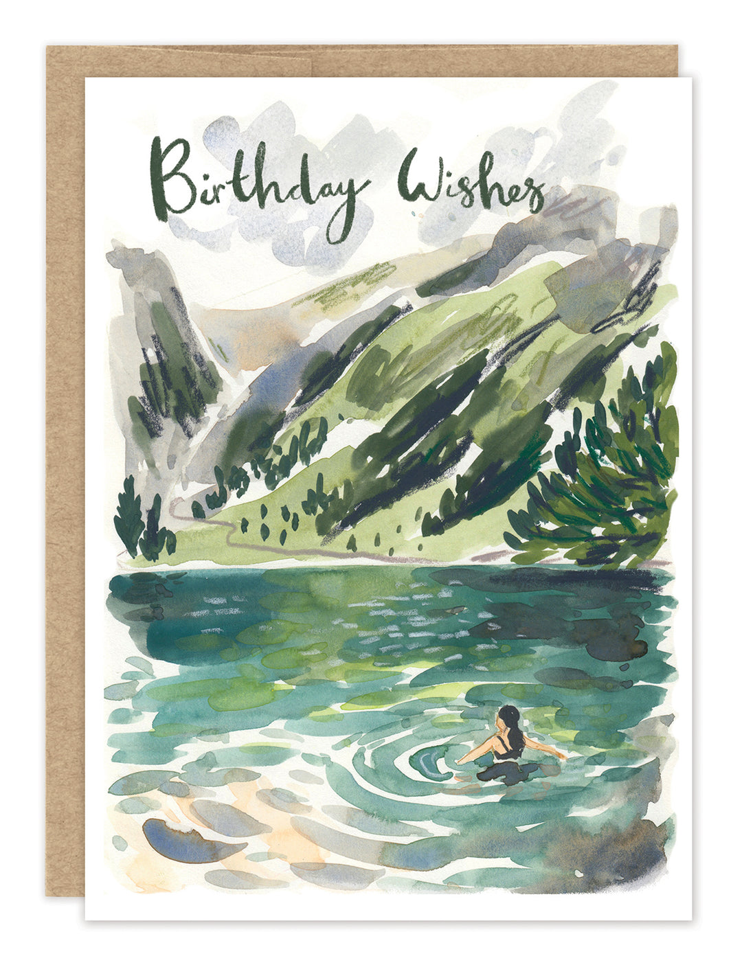 The "Lake Adventure Birthday Card" by Biely & Shoaf is an eco-friendly card showcasing an Emma Block illustration of a person swimming in a lake, surrounded by lush green trees and mountains, with "Birthday Wishes" inscribed at the top.