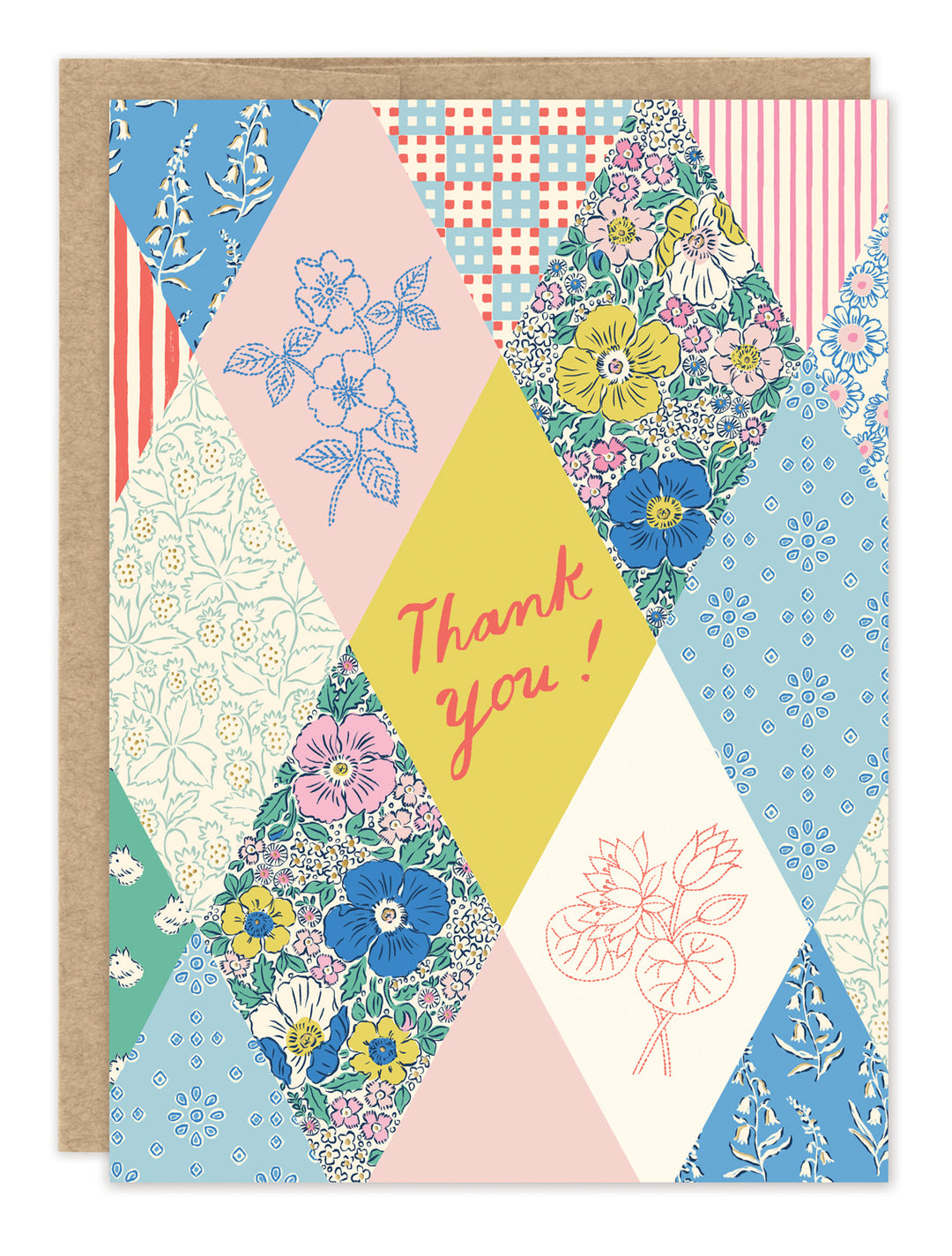 Introducing the Quilt Thank You Card by Biely & Shoaf, designed by Emily Taylor. This patchwork-style card features vibrant floral and geometric patterns arranged in diamond shapes, accented with elegant gold foil details and “Thank you!” beautifully written in pink script at the center. Thoughtfully printed on FSC-certified recycled paper for an eco-friendly finishing touch.