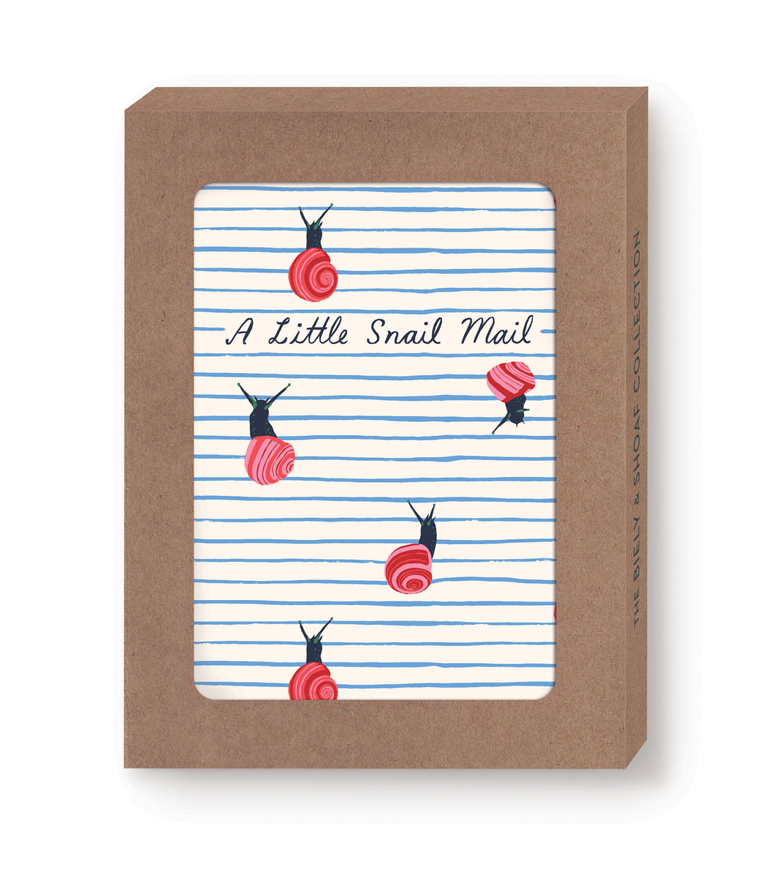 A brown windowed box displays Biely & Shoaf’s “A Little Snail Mail Notecard Set,” featuring FSC paper notecards with red snails on blue horizontal lines and cursive text that reads “A Little Snail Mail.”.