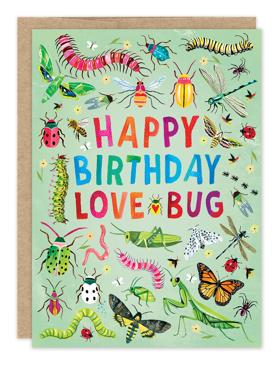 Celebrate sustainably with the Biely & Shoaf Love Bug Birthday Card, featuring the cheerful message "HAPPY BIRTHDAY LOVE BUG" surrounded by vibrant illustrations of butterflies, beetles, ladybugs, and caterpillars on a light green background. This eco-friendly greeting card is thoughtfully printed on recycled paper for a joyful and environmentally conscious celebration.