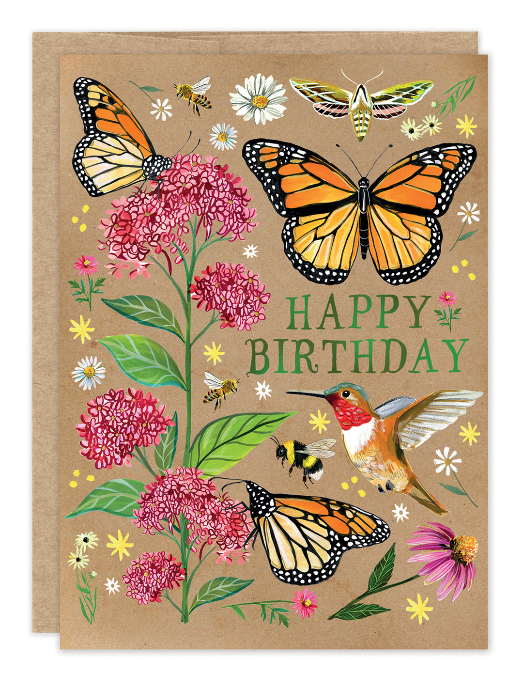 Celebrate with the Monarch Butterfly Kraft Birthday Card by Biely & Shoaf—an illustrated, eco-friendly greeting featuring a lively scene of butterflies, bees, and a hummingbird among pink and purple flowers on a brown background, with "Happy Birthday" in green.