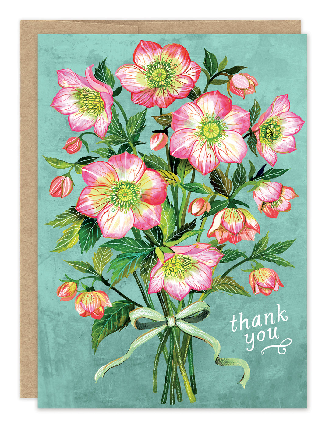 The Hellebore Bouquet Thank You Card by Biely & Shoaf features an illustration of pink and white flowers with green leaves, tied with a ribbon on a teal background, with "thank you" written in white cursive at the bottom right, making this eco-friendly greeting card both charming and thoughtful.