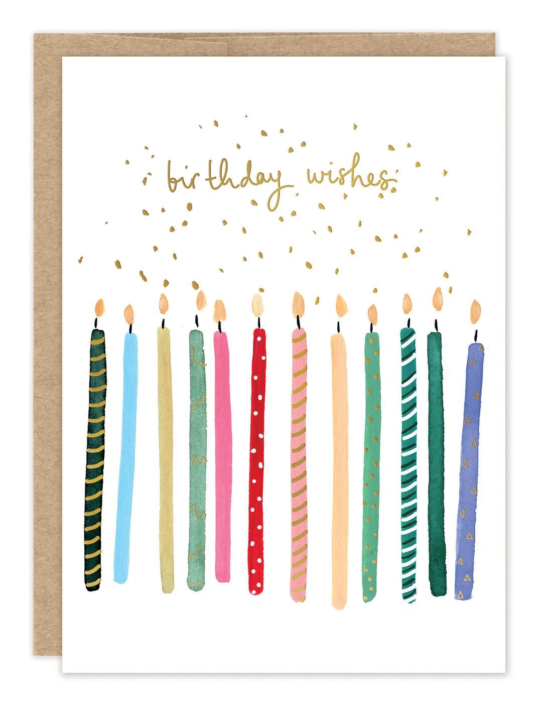 A Biely & Shoaf "Candles Birthday Wishes Card" featuring twelve colorful, lit candles in a row with gold confetti sprinkled above. The words "birthday wishes" appear in handwritten gold text above the candles. This eco-friendly birthday card is printed on recycled paper, and a brown envelope can be partially seen behind the card.